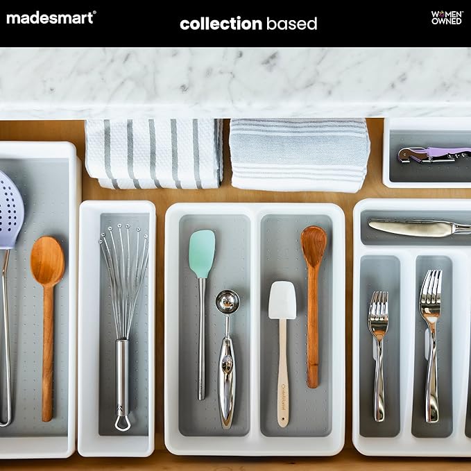 madesmart Small Utensil Tray, Multi Purpose Storage Organizer, Deep Storage for Ladles, Whisks & Serving Tools, Non Slip Lining, for Drawers & Home Organization, White
