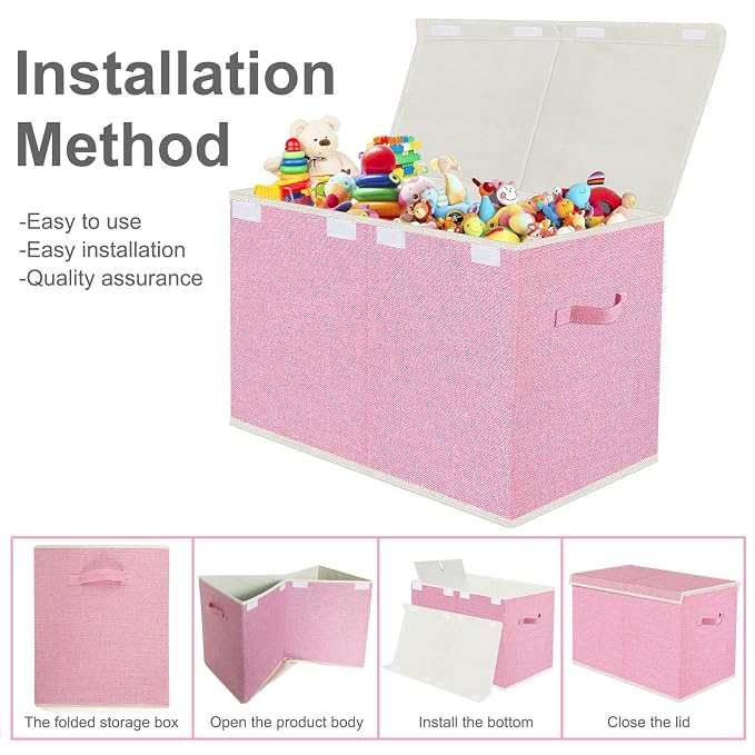 Large Collapsible Toy Storage Box with Lid & Handles - Kids Organizer Chest for Toys, Clothes, Blankets (Pink, Nursery, Playroom, Bedroom)-24.5''×13''×16''
