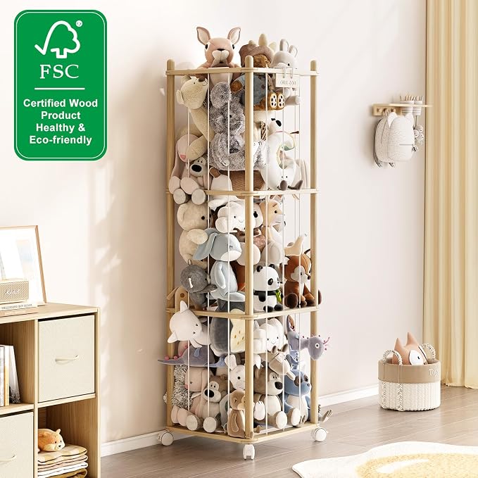 EXPERLAM Stuffed Animal Storage Zoo with Wheels, Montessori-Inspired Solid Pine Wood Plush Toy Organizer, Tall Stuffed Animal Holder with Thick Elastic Cords for Kids Room, Nursery,and Bedroom,Large