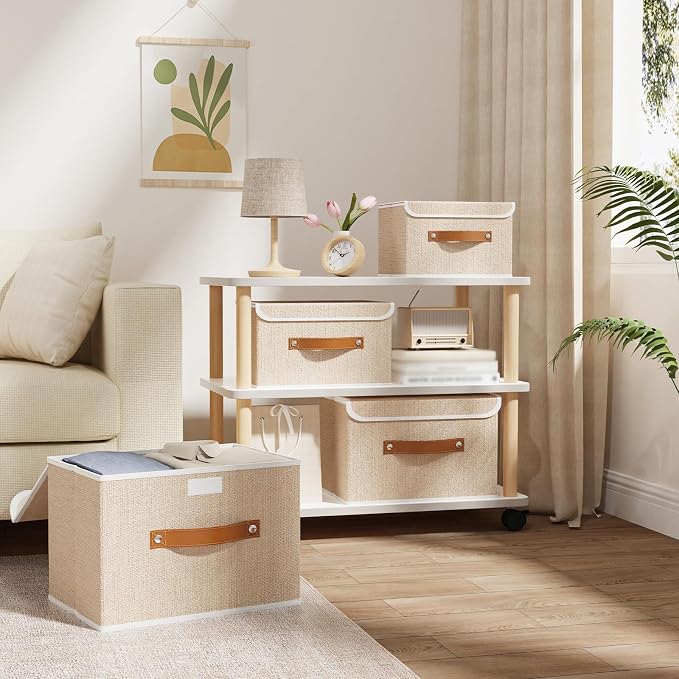 OUTBROS Storage Boxes, 10.2x7.9x6.7 in Bins with Lids, Beige | Cotton and linen cloth Storage Baskets with Handle, for Books, Closet, Bedroom, Home