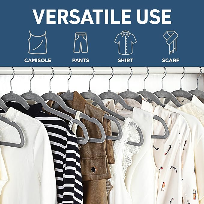 Lifemaster Velvet Non-Slip Hangers - 100 Pieces Non-slip Coat Hanger Set with 360° Swivel Hook, Space-Saving, Sleek Design, Keep Closet Organized, Smooth Velvet Finish, Lightweight Construction - Gray