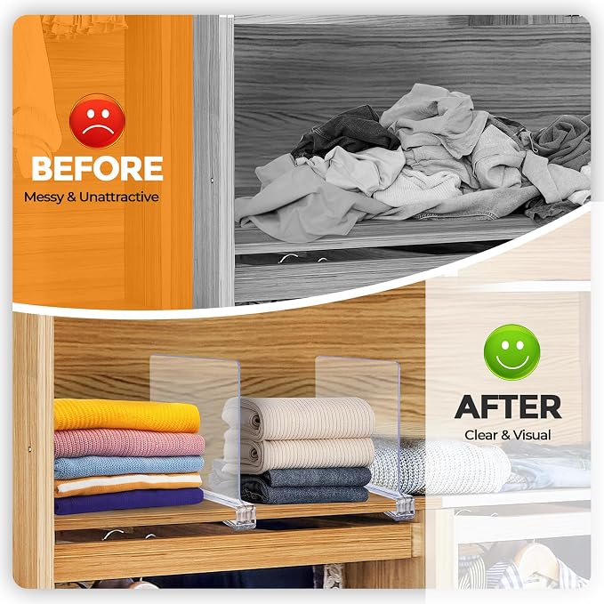 Clear Acrylic Shelf Dividers for Closets Organizer & Storage,8 Pack | Adjustable Vertical Wood Shelf Closet Separators, Keep Clean, for Clothes,Book,Bags, in Bedroom and Kitchen