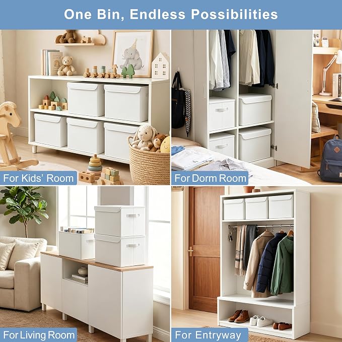 Bagnizer Large 22 Quart Linen Fabric Foldable Storage Bin Cube Organizer Basket with Flip-Top Lid & Handles, Clothes Blanket Box for Home, Office, Closet, White, 4 Pack 14.6 x 9.5 x 9.5”