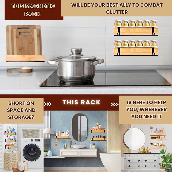 (4 Pack) Magnetic Spice Storage Rack Organizer for Refrigerator and Oven, 4 Strong Magnetic Shelf, Black Fridge Storage, Spice Rack Organizer, Metal-Bamboo