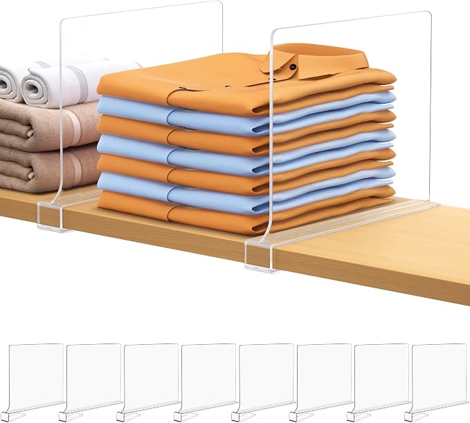 8 PCS Shelf Dividers for Closet Organization Acrylic Clear Closet Shelf Divider for Wooden Shelving Suitable for Wooden or Vertical Shelves Or Bedroom, Kitchen and Office