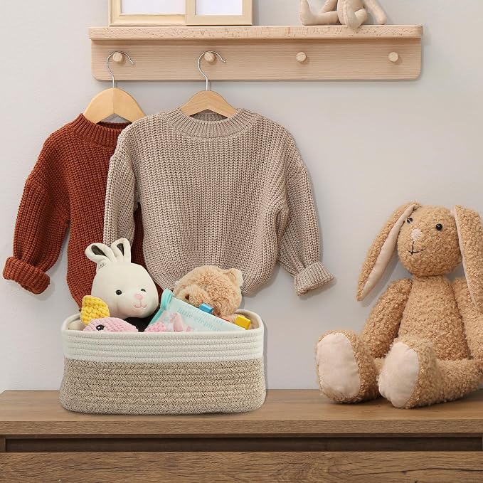 XUANGUO Small Woven Storage Baskets 12“X8”X5“ Decorative Rope Bins for Organizing Shelves, Closets, and Toys, Empty Gift Baskets, Cute Organizer Basket for Home and Office (white and brown regular)