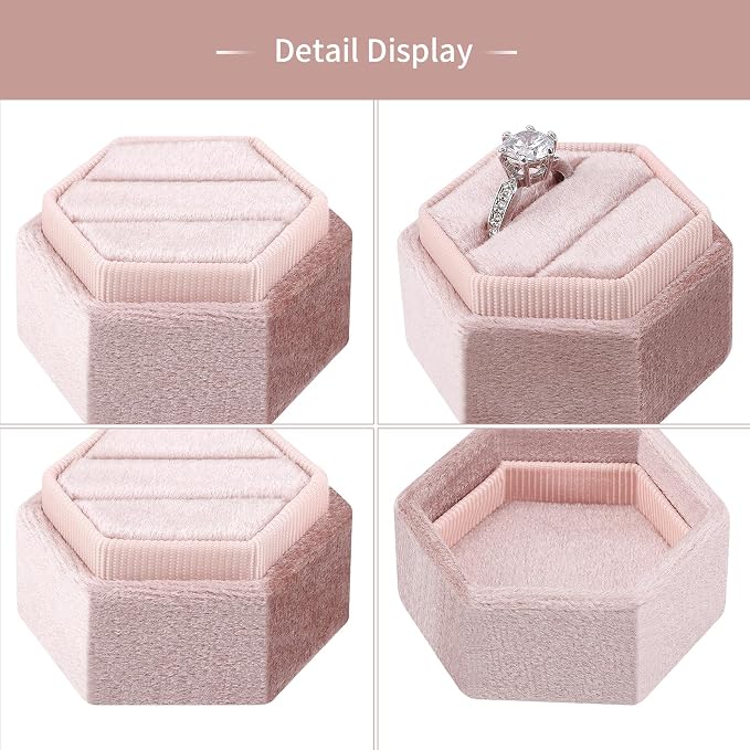 DesignSter Velvet Ring Box Hexagon - Premium Gorgeous Vintage Double Ring Display Holder with Detachable Lid for Proposal, Engagement, Wedding, Ceremony(Nude peach)