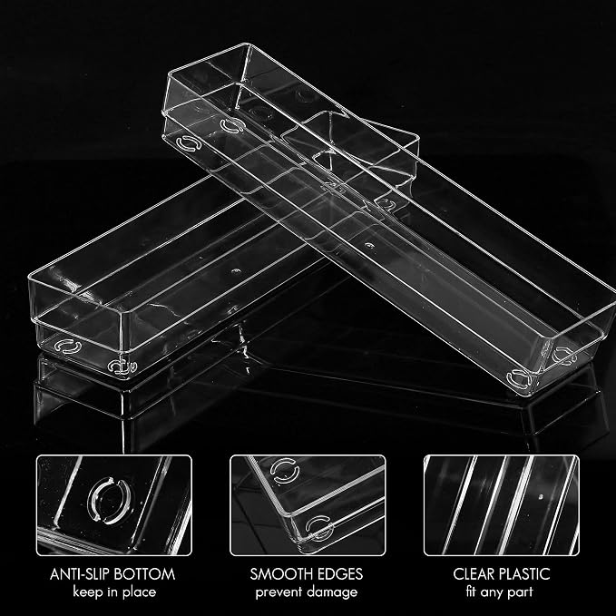LotFancy Clear Drawer Organizers, 12” x 3” x 2”, Set of 3, Drawer Organizer Trays for Desk, Plastic Storage Bins for Bathroom, Makeup, Utensils, Stackable