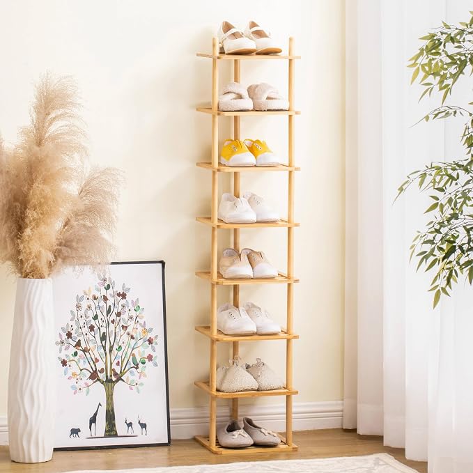 8-Tier Vertical Shoe Rack - Tall Narrow Shoe Rack Organizer for Small Spaces,Bamboo Shoen Shelf for Entryway,Closet,Corner,Doorway,Skinny Shoe Shelf Space Saving Shoe Storage (Natural, 8-Tier)