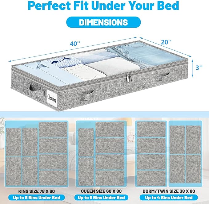3 Inch Low Profile Under Bed Storage Drawer 2 Pack, Lightweight Underbed Clothes Storage Container Bins With NO STURCTURE, Shallow Storage Bag for Dorm & Home, With Clear Lids & Water-Resistant Fabric