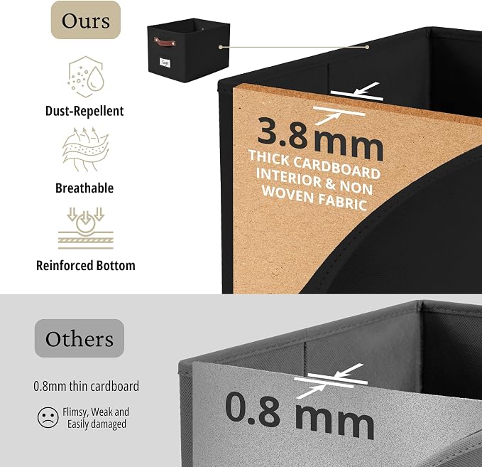 DECOMOMO Storage Bins, Large Fabric Baskets for Shelves, Black (4 Pack) | 15" x 11" x 9.9" foldable closet organizers and storage bins with labels & handles