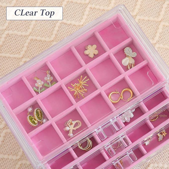 misaya Earring Jewelry Organizer with 5 Drawers, Birthday Present, Clear Acrylic Jewelry Box for Women, Velvet Earring Display Holder for Earrings Only, Pink
