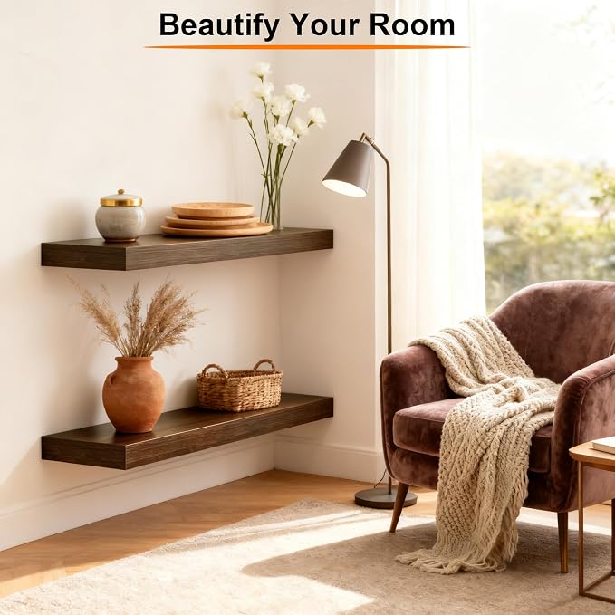 Floating Shelves for Wall,Wall Shelves for Decor Storage,Display Shelving 24 inch Set of 2,Wall Mounted Wood Shelf for Bedroom,Living Room,Bathroom,Kitchen,Brown (2pcs,Brown)