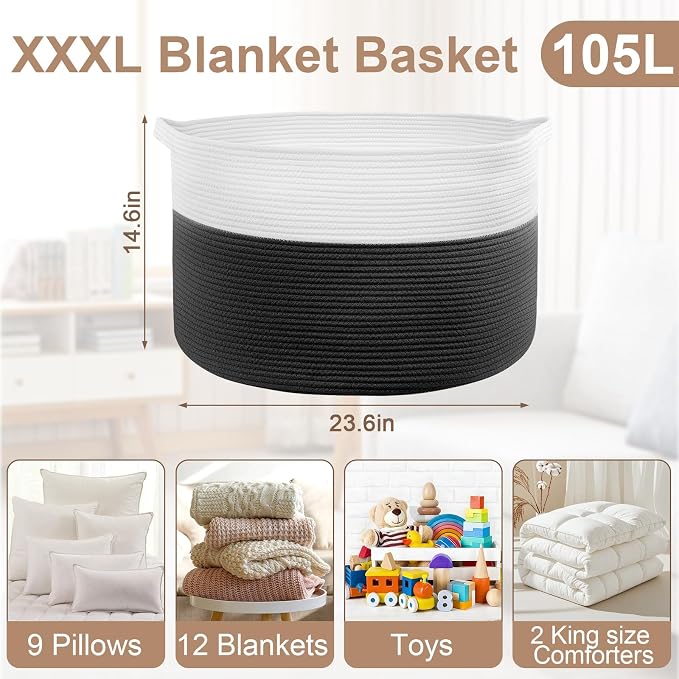 XXXL Large Laundry Basket, 105L Soft Cotton Rope Basket, Blanket Storage and Organizers, Baby Nursery Laundry Hamper, Extra Large Toys Storage Bins for Kids 23.6'' x 14.6'', White & Black