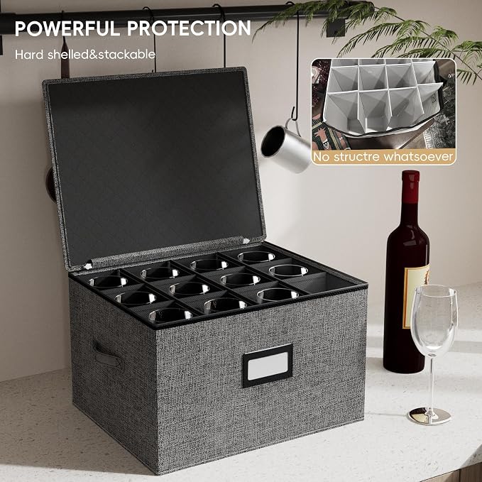 homyfort Wine Glass Storage Box with Dividers, Crystal Stemware Storage Containers Hard Shell, Service for 24 Wine Glasses Or Goblet (Grey)