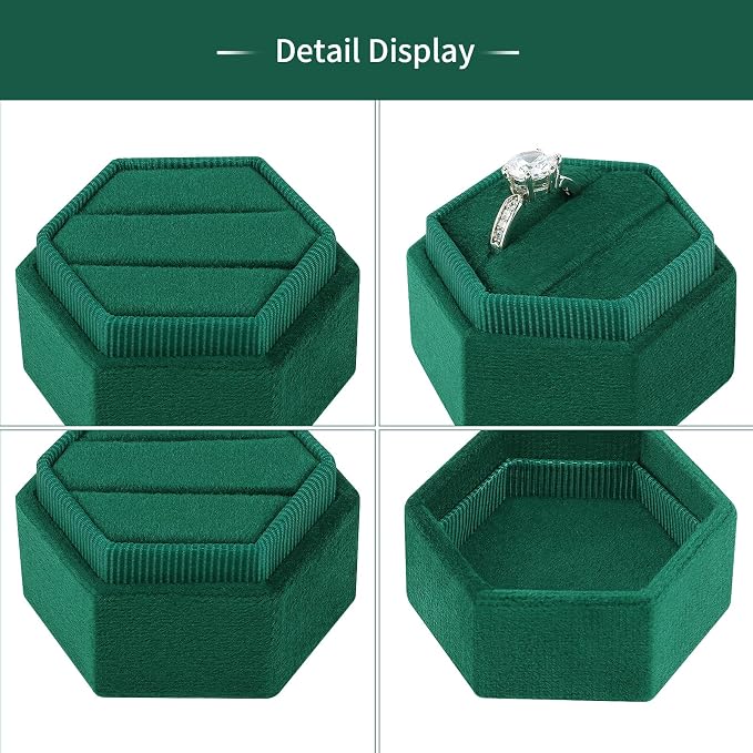 DesignSter Hexagon Velvet Ring Box - Premium Gorgeous Vintage Double Ring Display Holder with Detachable Lid Ring Bearer Box or Proposal, Engagement, Wedding, Ceremony （Emerald）