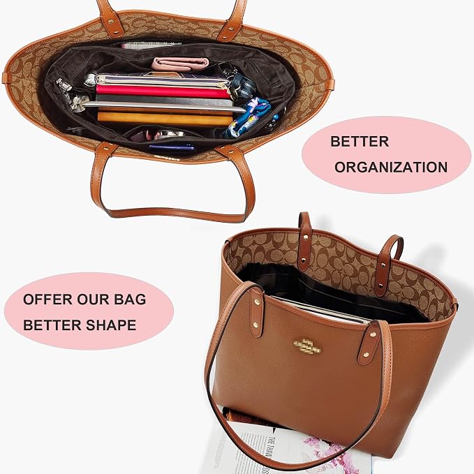 Handbag Tote Purse Organizer Insert, Medium, Coffee | Bag Divider Liner Shaper Separator in Bag with Zipper, 11 Pockets Compartments