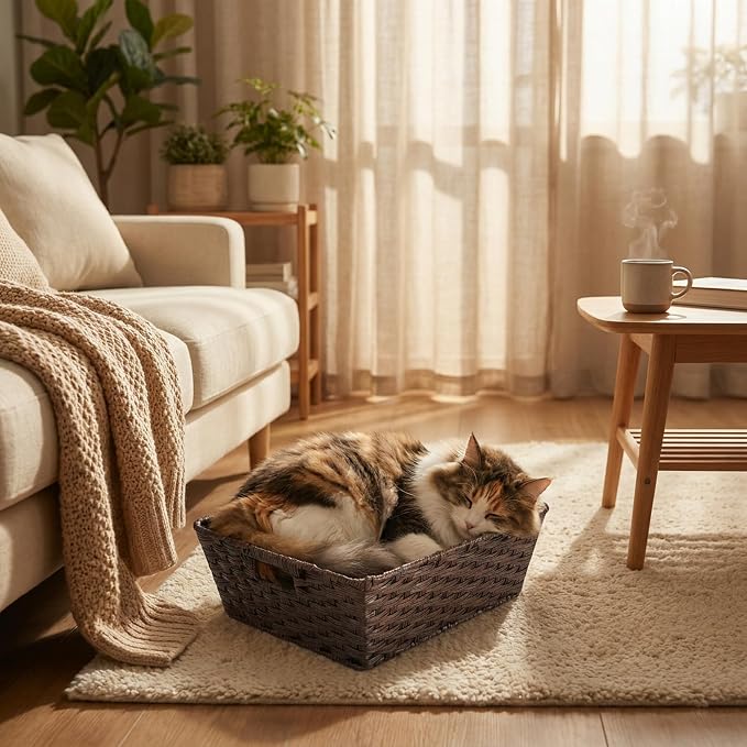 Large 2-Pack Plastic Wicker Storage Baskets, 17"x13"x5.5", Brown | Versatile woven bins for laundry, closet, living room, shelf organization, and even a cat bed – perfect home storage decor.