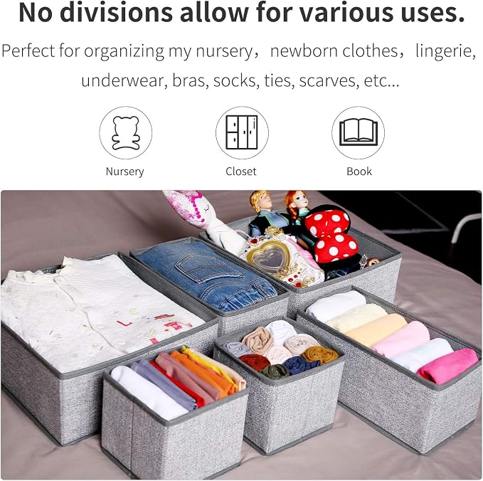 Criusia Foldable Underwear Drawer Organizer, Closet Dividers, Storage Box for Clothes, Socks (6 Bins, Gray) (Pack of 2)