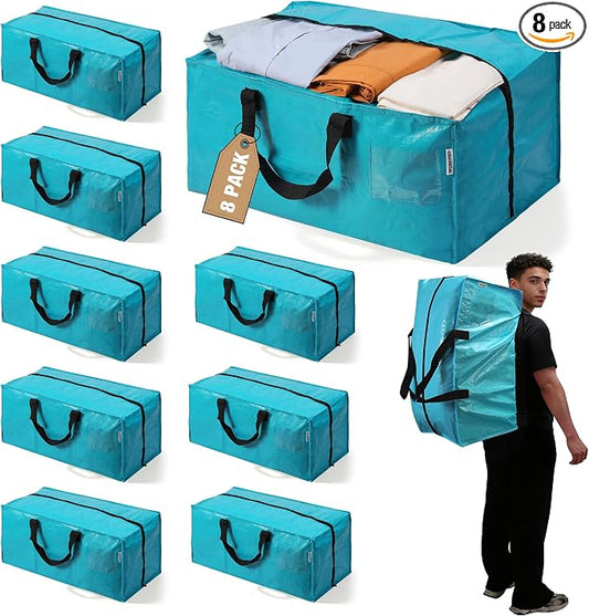 WORKPRO 8 Pack Extra Large Moving Bags with Zippers & Carrying Handles Backpack Straps, Heavy-Duty Storage Tote for Space Saving Moving Storage (Blue)