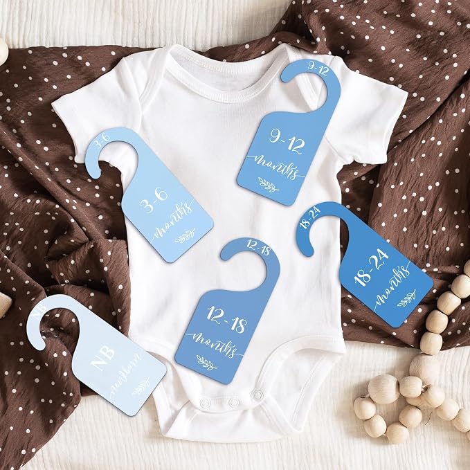 Whaline 7 Pcs Blue Wood Baby Closet Size Dividers with Velvet Bag Newborn to 24 Month Thicken Infant Wardrobe Hanger Organizers for Home Nursery Party Favors Supplies