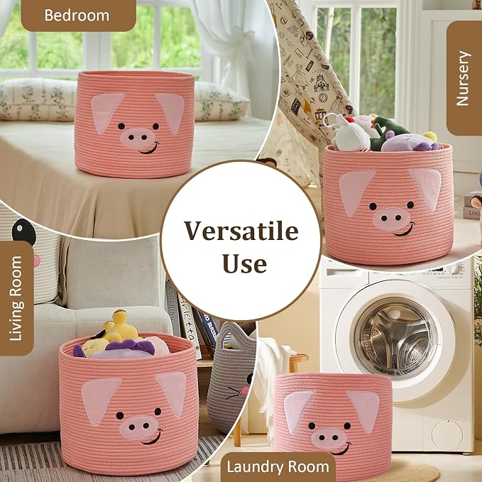 VK VK·LIVING Animal Baskets Large Woven Cotton Rope Storage with Cute Pig Design and Handles, Laundry Organizer for Towels, Blanket, Toys, Clothes, Gifts, Toy Box, Gift for Pet or Baby 15"D x 14"H
