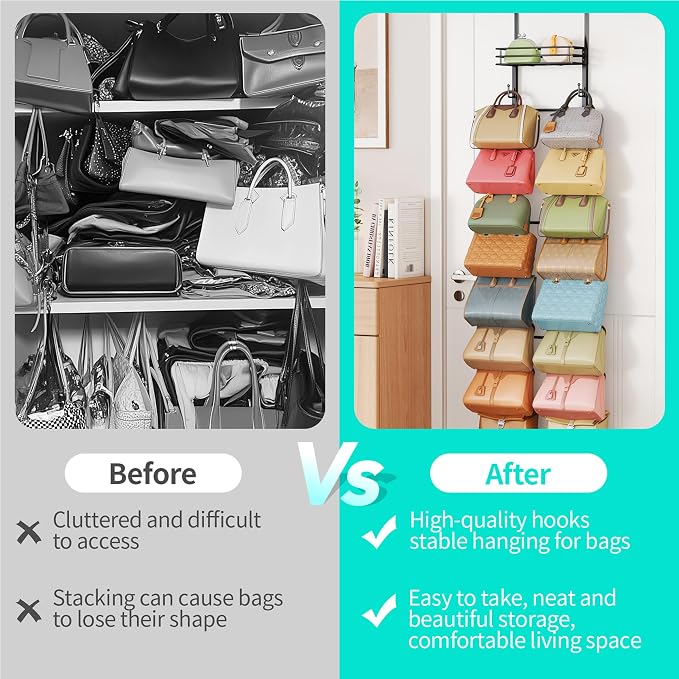 HapiRm Over The Door Purse Organizer - Wall Mounted Purse Rack with 16 Hooks and Metal Basket, Hanging Handbag Organizer Holds up to 16 Bags, Bag Rack Can Use As 1/2 Part, for Door, Closet (Black)