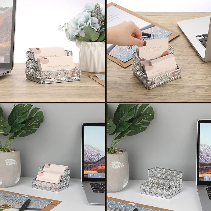 Hipiwe Crystal Business Card Display Holder for Desk with 2-Slot Organizer | Mirrored Base Business Name Cards Storage Holder for Office Countertop, Silver