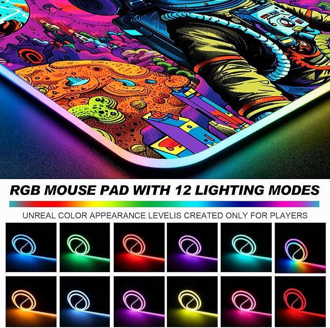 RGB Fantasy Planet Space Gaming Desk Mat, Computer Keyboard Large Extended Astronaut LED Mouse Pad for Office and Home, 31.5×11.8 Inches, XL