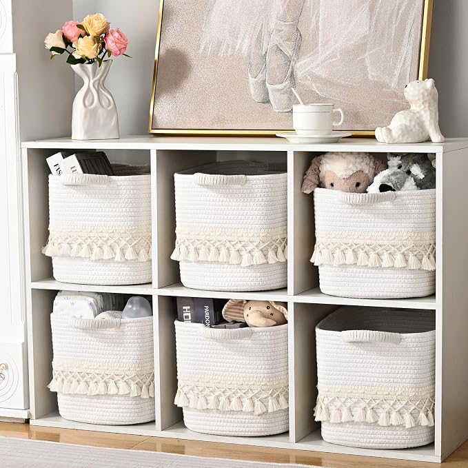 3 Pack Storage Basket for Shelves, Boho Cotton Rope Storage Bins with Heavy Tassel, Shelf Baskets Large Woven Baskets for Organizing, Cube Organizer Bins, Baby Laundry Basket for Clothes, Toys, Pets