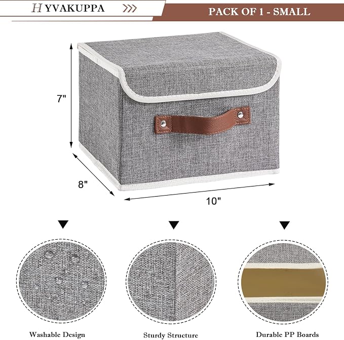 Collapsible Storage Boxes Baskets with Lid Cotton Linen Fabric Storage Bins with Faux Leather Handles Decorative Washable Cube Organizer Container for Home Closet Bedroom (Gray, Small Size)