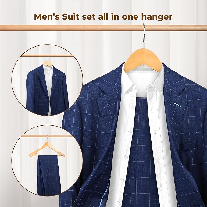 Coat Hanger 8-Pack, MEQUTION Wood Hangers Trouser Hangers Extra Wide Shoulder Wooden Hangers for Heavy Coat, Sweater, Skirt, Suit, Pants, Retro Finish (Natural)