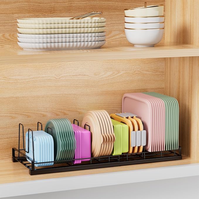 Expandable Food Container Lid Organizer, 9 Adjustable Dividers Sturdy Metal Pot and Pan Organizer Rack for Kitchen Cabinets, Drawers, Pantry Shelves, Countertops, Black, 8.15" Wide