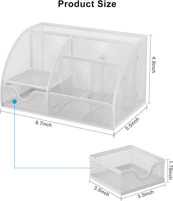 EasyPAG Mesh Desk Organizer with Drawer Multi-functional Pen Holder Stationery Organizer for Office School Supplies 6 Compartments Dorm Organizers and Storage for Desk, White