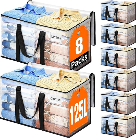 Extra Large Heavy Duty Moving Bags, Storage Bags with Strong Zippers & Handles, Packing Bags for Moving Essentials, Ideal Storage Tote for Home, Dorm & Storage Solutions, 125L 8 Packs Clear