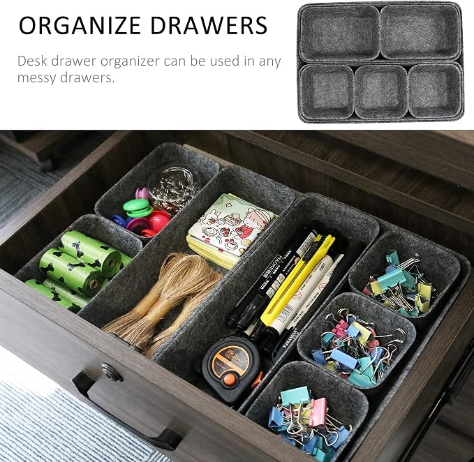 Newthinking Desk Drawer Organiser Trays, 8 Pack Square Organizer Box Stackable Dividers, Save Desk Space Dividers Box for Home Office Cosmetics Storage Boxes (Dark Gray)