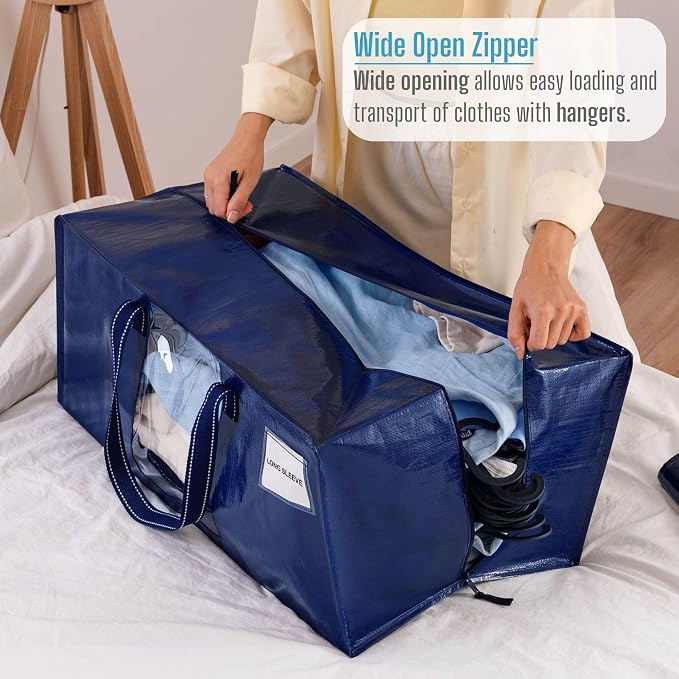 VENO 6 Pack Heavy Duty Moving Bags, Packing Bags with Clear Window, Alternative to Moving Boxes, Storage Bins for Clothes, Blankets, Comforters, College Dorm Essentials (Blue, 6 Pack)
