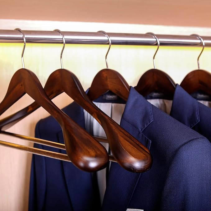 JS HANGER Wooden Suit Hangers - 6 Pack - Wood Coat Hangers,Jacket Outerwear Shirt Hangers,Glossy Finish with Extra-Wide Shoulder, 360 Degree Swivel Hooks & Anti-Slip Bar, Retro