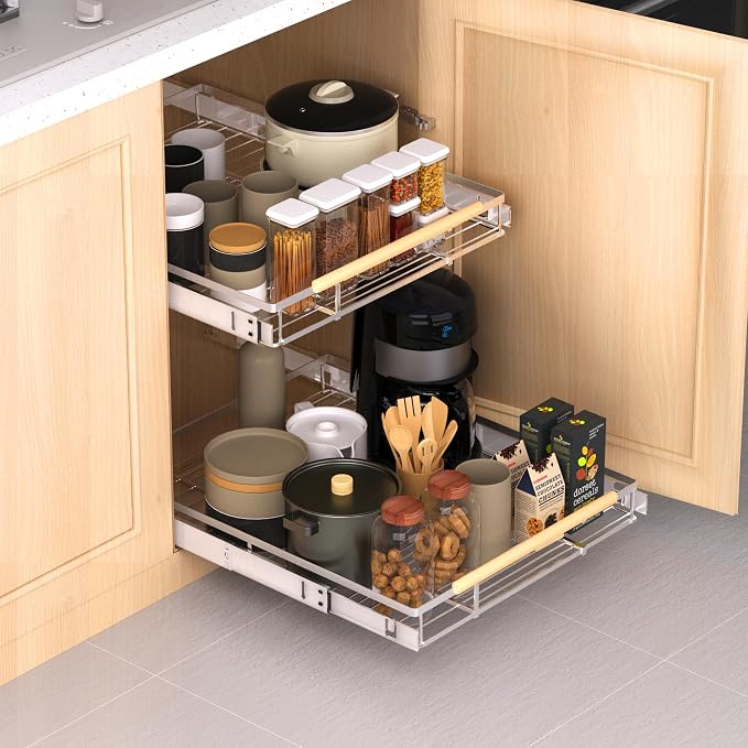 Expandable Pull Out Drawer Cabinet Organizer, Adjustable Width Bottom-Mounted Slide Out Storage Shelves for Cabinets, Required Cabinet Size (W: 20.86"~37.86", D≥22.5"), 1 Pack