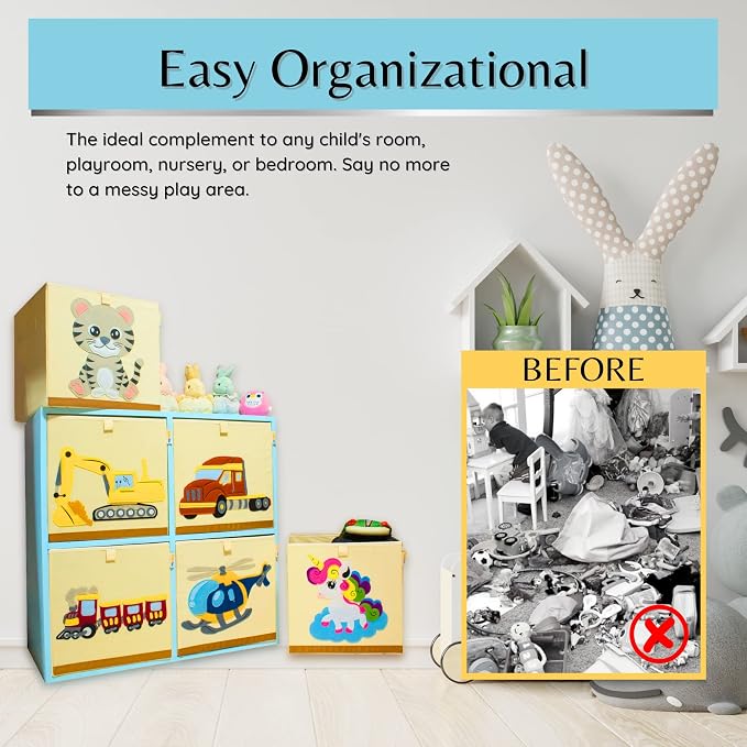 Washable Toy Box Storage Cube, Canvas Toy Chest Organizer Foldable Kids Toy Storage Organizers for Child's Bedroom or Playroom -13x13x13 Inch (Train)