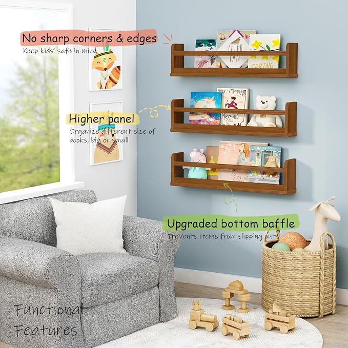 Harwaya Floating Nursery Book Shelves Wall Mounted, Wooden Wall Bookshelf for Kids Room, Dark Wood Hanging Book Shelf for Baby Toddler Childrens Bedroom (24 Inch, Walnut Brown, Set of 3)
