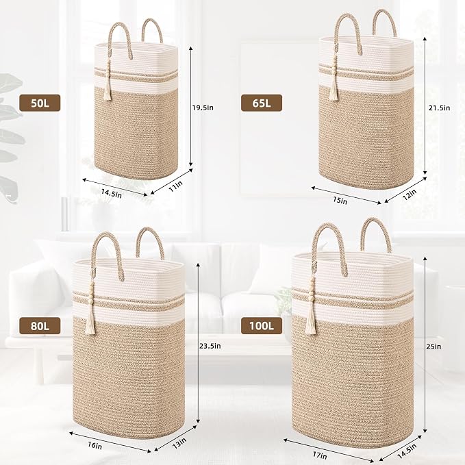 Woven Laundry Basket for Clothes, 50 L Large Rectangle Laundry Hampers with Beads Tassel, Nursery Storage Basket for Toys, Tall Dirty Clothes Hamper for Bedroom Aesthetic, Laundry Room Organization