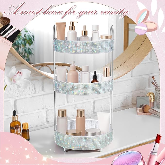 Honeydak 360 Rotating Perfume Organizer Gift for Women, Rhinestone Preppy Skincare Organizer Bathroom Counter Makeup Holder Skincare and Perfume Storage for Cosmetic(3 Tiers,Resin Diamond,AB Color)
