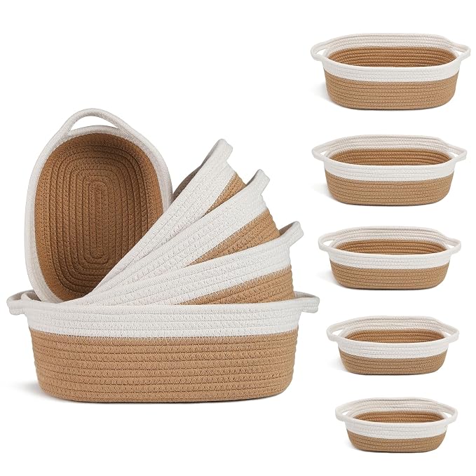 VOOWO Set of 5 Woven Rope Baskets for Storage, Organizing, Nursery, Shelves - Small Baskets for Gifts Empty (Off White & Jute)
