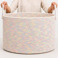OrganiHaus Round Toy Basket & Blanket Basket, Cotton Rope 20x13" | Stitches Rainbow - Round Cotton Rope Basket, 20x13"