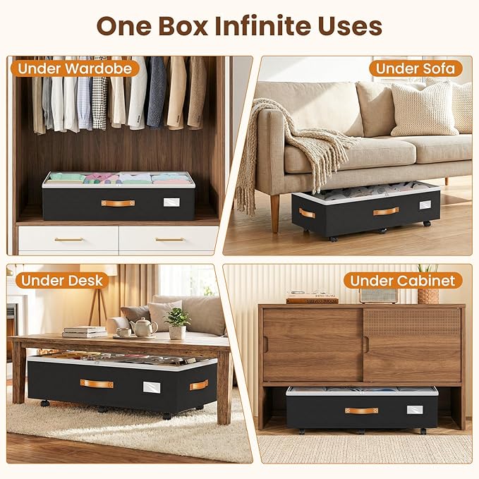 Budding Joy Under Bed Storage with Wheels 2Pack, 80L- Height Adjustable Underbed Containers with Clear Lids, Rolling Under Bed Shoe Storage Organizer for Dorm Home Clothes, Blankets, Toys, Black