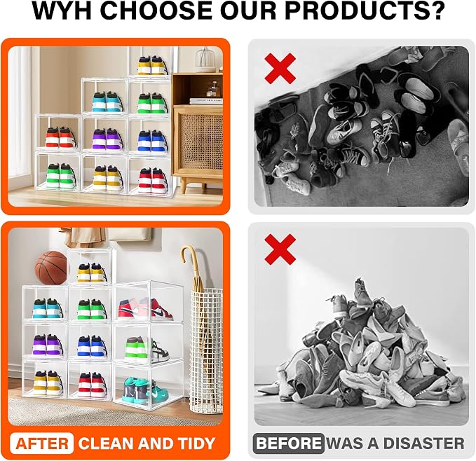 1 Pack Drop Front Clear Shoe Boxes Fit Size 13, Acrylic Shoe Organizer Stackable with Front Magnetic Door for Closet, Entryway, Underbed, Multiple Clear Display Cases for Hats, Figures, Sneakers