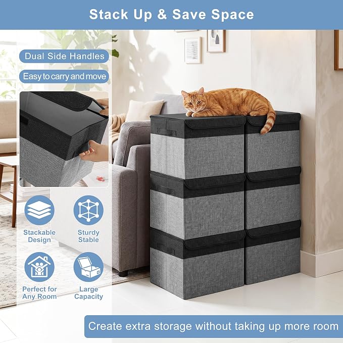 Large 17" 42 Quarts Collapsible Stackable Storage Bins with Lids [3-Pack] Foldable Fabric Linen Storage Boxes Cube, Closet Organizer Baskets with Label for Home (16.7 x 12 x 12", Black & Gray)