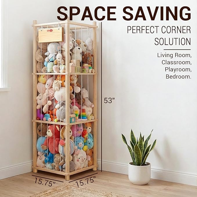 KiddoCood Kids CPC & TIC Certified Stuffed Animal Storage - 3-Tier Large Natural Solid Wood Plush Toy Organizer & Holder, Corner Solution for Playroom & Nursery, BPA-Free & Zero Glue, 52.3" H