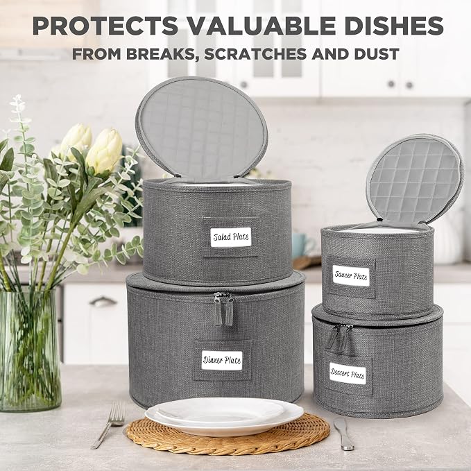 LotFancy China Storage Containers, Hard Shell, 4PCS Set, Dish Saucer Plate Storage Box for Moving, Stackable Dinnerware Organizer Bins with 48 Felt Dividers, Grey